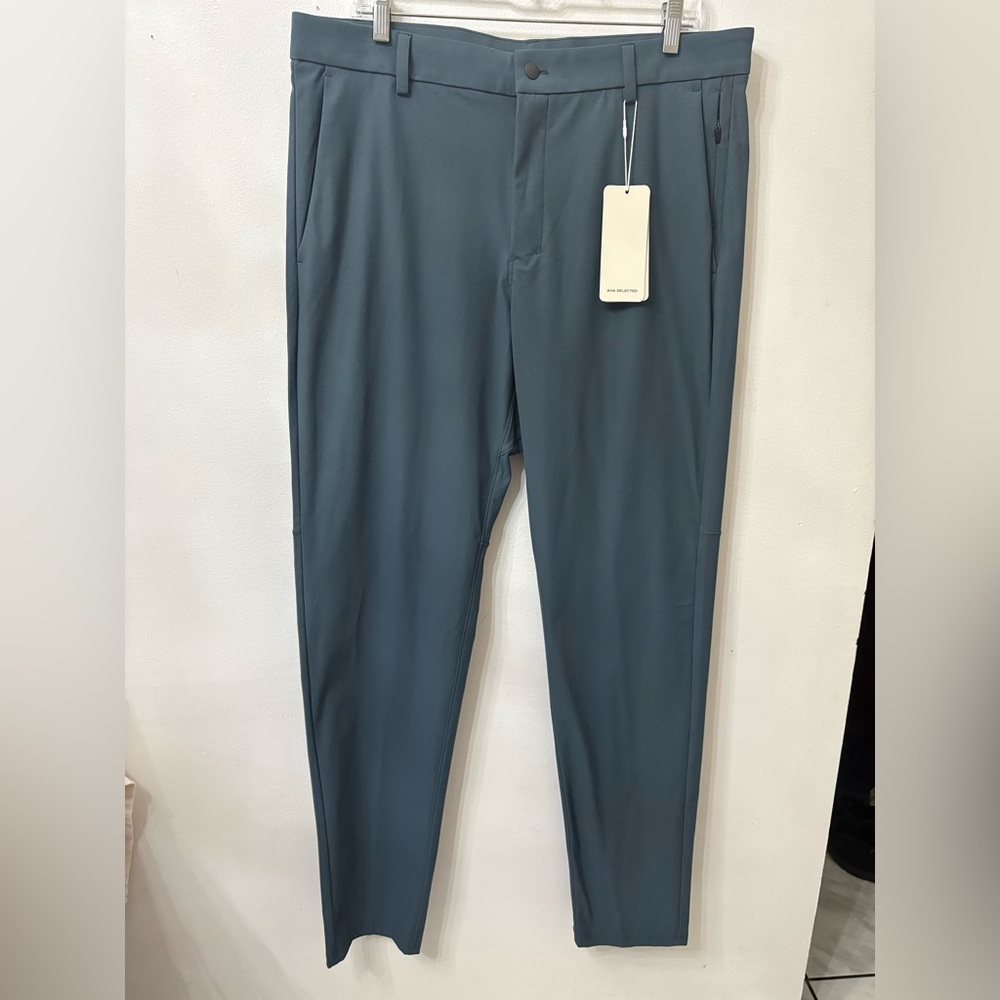 AHA Selected Men Pants Waist 36x34 Blue Polyester Stretch Regular Fit Comfort